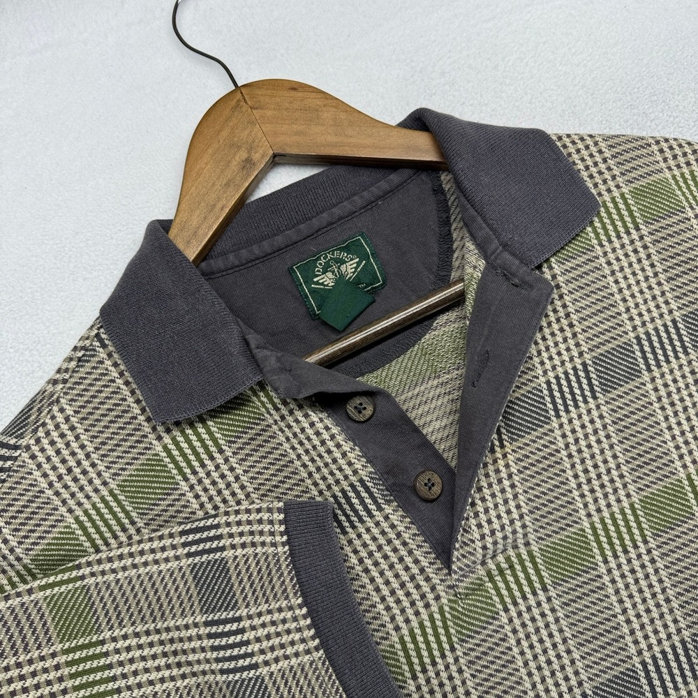 Vintage Dockers Polo Shirt Mens Medium Green Gray Houndstooth knit Golf Preppy